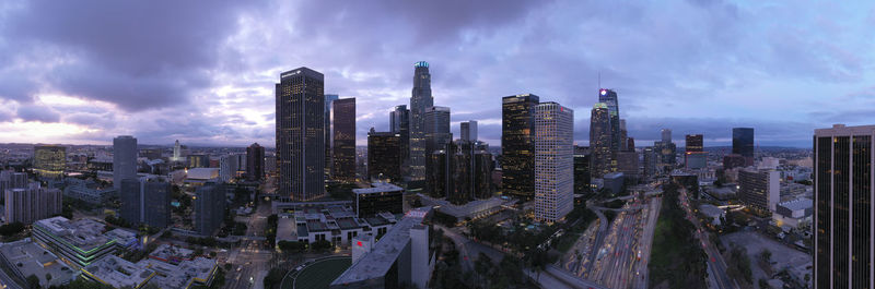 Aerial over downtown los angeles at dawn