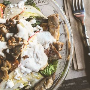 High angle view of food served in plate