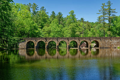 Arch bridge over river against sky