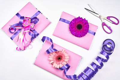 High angle view of purple flowers on table