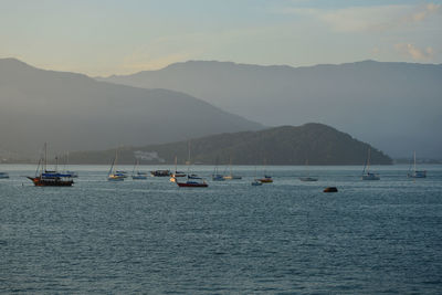 Sailboats in sea against sky