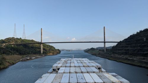 Bridge over river against clear blue sky