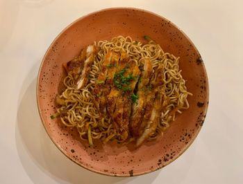 High angle view of noodles served in bowl