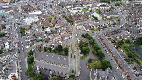 High in the sky looking down on st eugene's cathedral derry