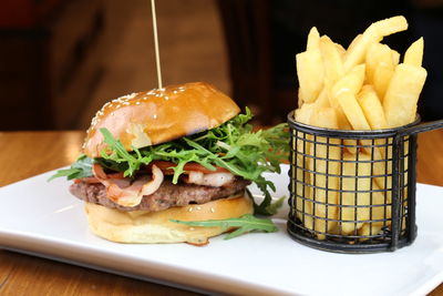 Close-up of served food on table