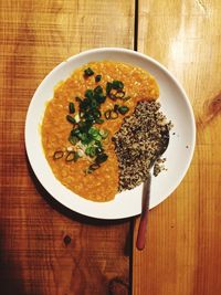 High angle view of soup in bowl on table