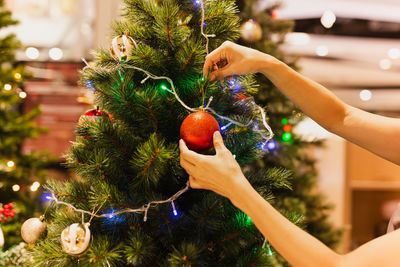 Cropped hand of woman holding christmas tree