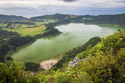 View of the lake furnas on sao miguel island, azores, from the pico do ferro scenic viewpoint