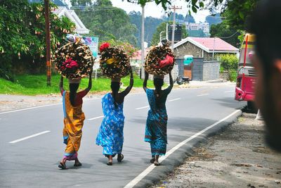 Rear view of women carrying firewood on heads