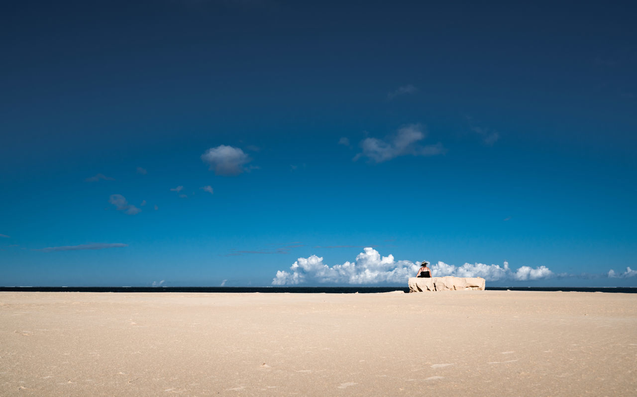 sky, cloud - sky, land, beauty in nature, scenics - nature, blue, horizon, beach, tranquil scene, nature, real people, day, tranquility, animal, sand, water, sea, animal themes, domestic, domestic animals, horizon over water, outdoors