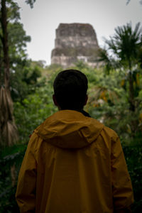 Rear view of man standing against trees