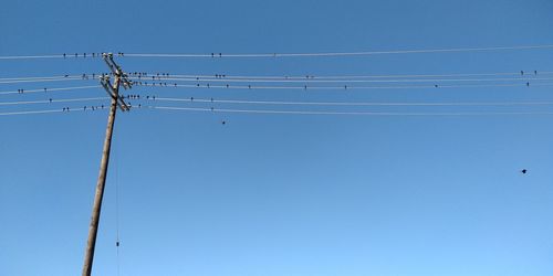 Low angle view of power lines against clear blue sky