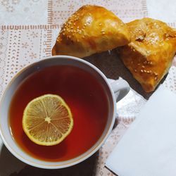 High angle view of breakfast on table