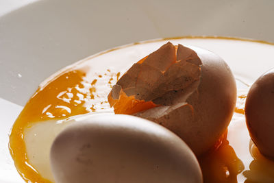 Cracked eggs on white plate with morning light. brocken eggshell