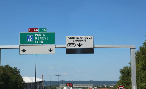 Information sign against clear blue sky