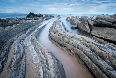 Sea and rock formations against sky