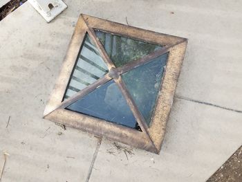 High angle view of old wooden table