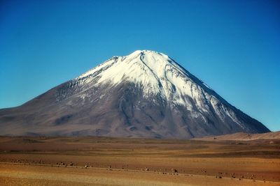 Scenic view of snowcapped mountains against clear blue sky