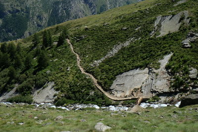 Scenic view of stream amidst rocks and trees