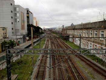 Railroad tracks in city against sky