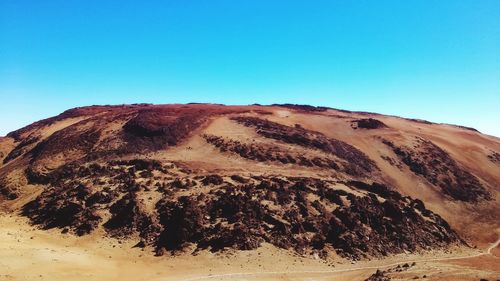 Scenic view of arid landscape against clear blue sky