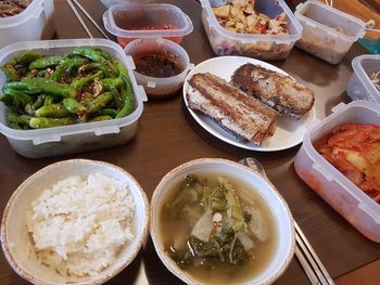 High angle view of food served on table