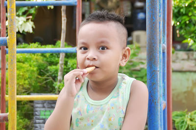 Portrait of cute boy eating cake