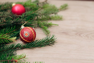 Close-up of christmas decorations on table