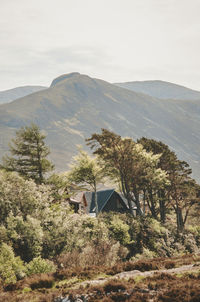 Scenic view of trees and mountains against sky