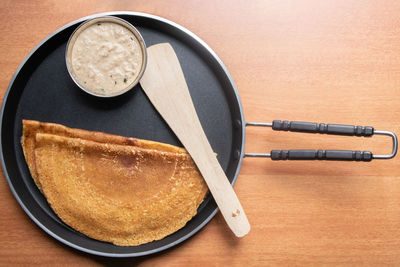 High angle view of breakfast on table