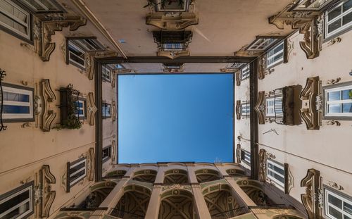 Directly below shot of buildings against clear blue sky