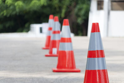 Traffic cones in row on road
