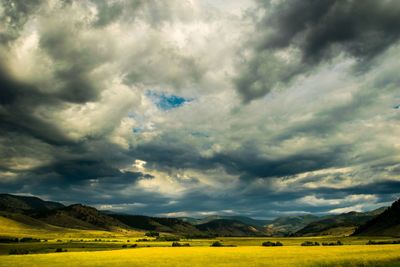 Scenic view of field against cloudy sky