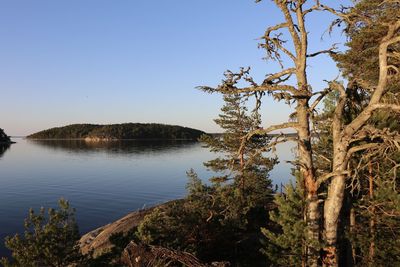 Scenic view of lake against clear blue sky