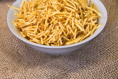 High angle view of food in bowl on table