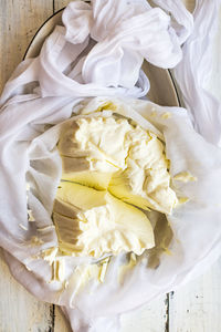 High angle view of labneh  on table