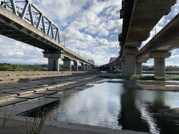 Bridge over river in city against sky