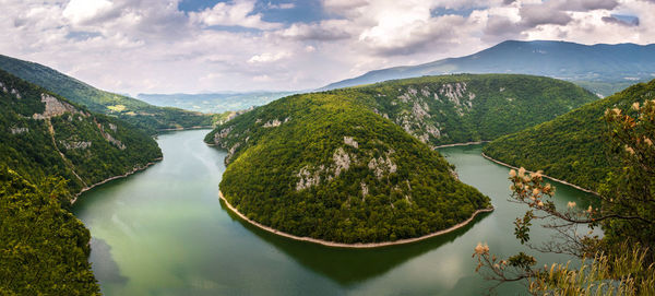 High angle view of river and mountains