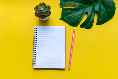 High angle view of pen on table against yellow background