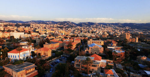 High angle view of cityscape against sky