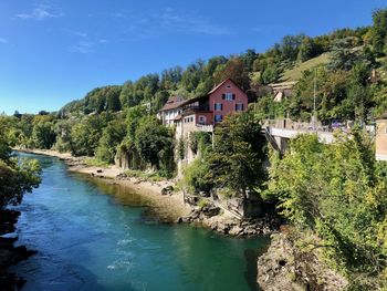 River amidst trees and buildings against sky