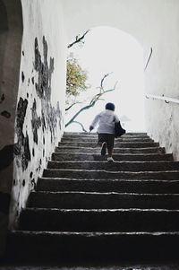 Rear view of boy on steps