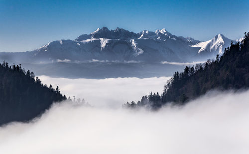 Scenic view of snowcapped mountains against sky