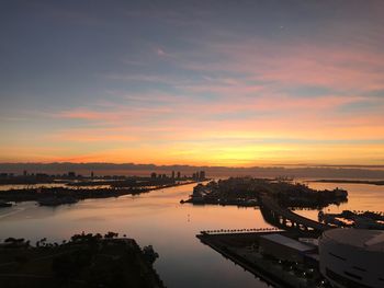 High angle view of river against sky during sunset