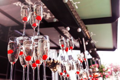 Close-up of wine bottles on table
