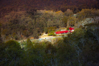 High angle view of trees by building during autumn