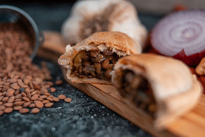 Close-up of sausages on table