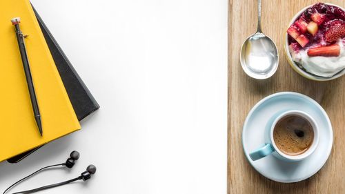 High angle view of coffee on table