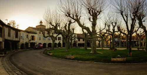 Street amidst houses and trees against sky