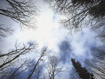 Low angle view of bare trees against cloudy sky